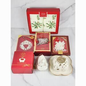 LENOX Tree Christmas Ornament Lot of 7 Madonna And Child Candle Holder Sleigh